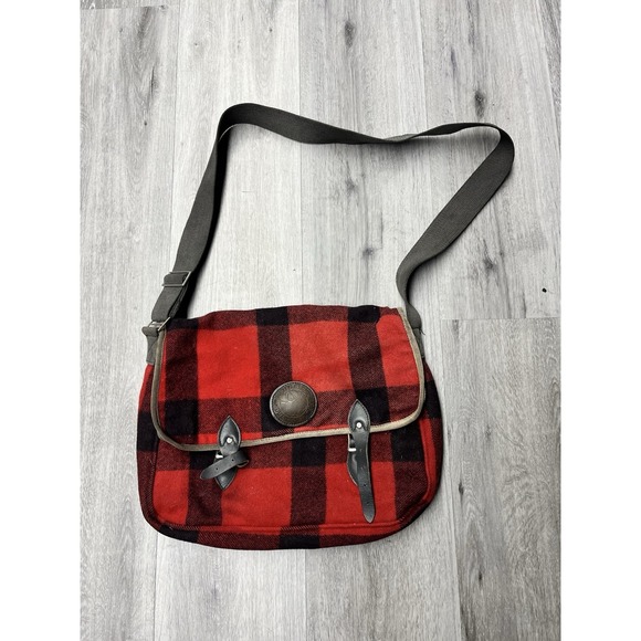 Duluth Red & Black Plaid Blanket Wool & Leather Crossbody Messenger Bag USA Made